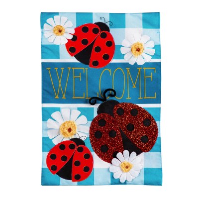 13" x 18" Mini Blue and Red Ladybug Plaid Welcome Linen Garden Flag
