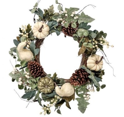 24" Round Cream and Green Pumpkin Gourd Harvest Wreath Fall and Thanksgiving Decoration