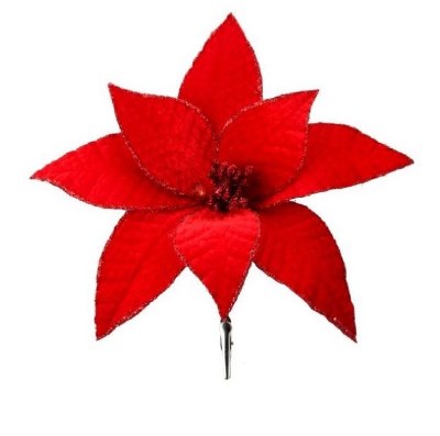 9" Faux Red Velvet Poinsettia With Glitter Edge and Clip