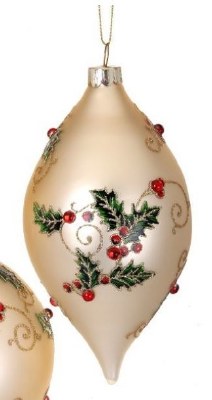 6" Champagne Glass Finial With Red and Green Holly Filigree Ornament