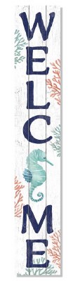 47" x 8" White Seahorse and Coral Welcome Wood Porch Plaque