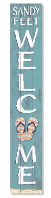 47" x 8" Blue and White Sandy Feet Welcome Flip Flop Wood Porch Plaque