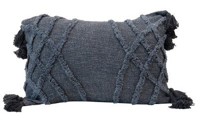 16" x 24" Blue Stonewashed Cotton Tufted Chevron Pattern Slub Pillow With Tassels