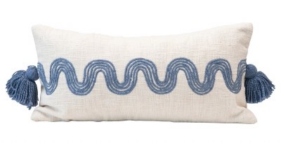 12" x 24" Cream and Blue Cotton Lumbar Pillow With Embroidered Curve Pattern and Tassels