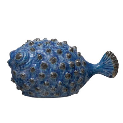8" Dark Blue Glazed Ceramic Puffer Fish Decor