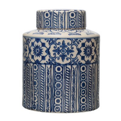 10" Round Blue and Cream Patterned Ceramic Ginger Jar With Lid