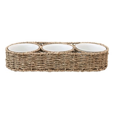 14" Natural Woven Seagrass Basket With Three White Ceramic Bowls