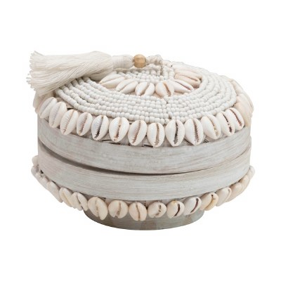 6" Round White Beaded Shell Bamboo Box