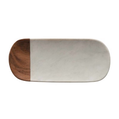 5" x 12" White Marble and Acacia Wood Oval Tray