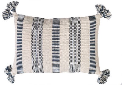 14" x 20" Natural and Blue Striped Pillow With Tassels