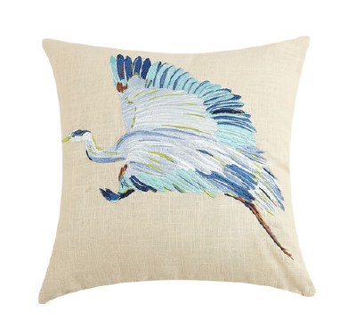 16" Square Embroidered Flying Blue Crane Pillow