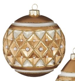 4" Round Gold Glass With Diamond Point Pearls Ball Ornament