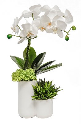18" Faux White Orchid and Grasses in Two Tiered White Ceramic Vase