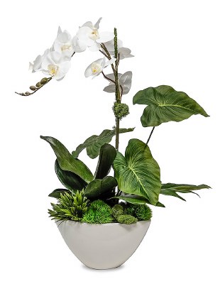 27" Faux White Orchid in White Cement Bowl