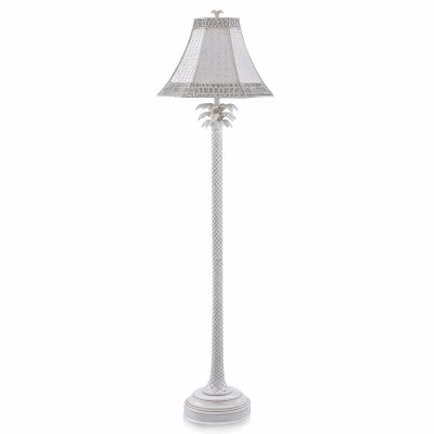 64" Whitewashed Palm Floor Lamp With Woven Rattan Shade