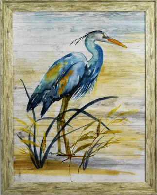 32" x 26" Blue Neck Heron on Gel Textured Coastal Print in Gray Frame