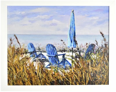 26" x 32" 3 Blue Chairs Gel Textured Coastal Print in White Frame