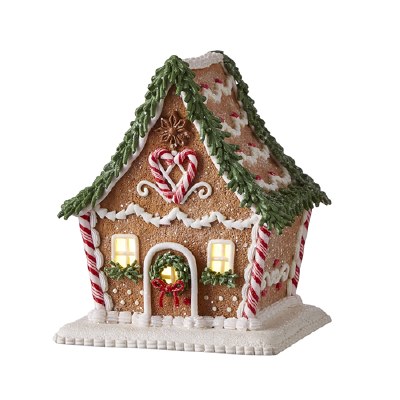 7" Red and Green LED Gingerbread House With Door Wreath