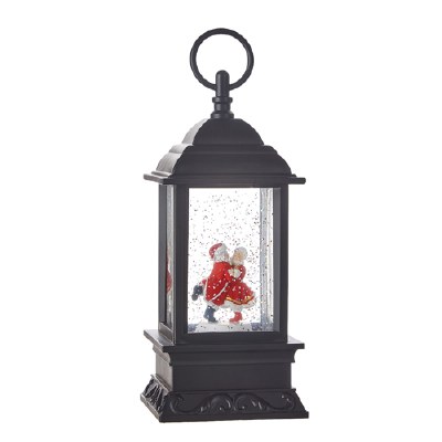 10" Black Musical LED Swirling Glitter Water Lantern With Rotating Mr. and Mrs. Claus