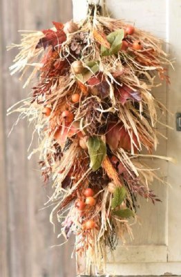 30" Faux Orange and Natural Leaves, Pinecones, and Walnuts Autumn View Drop Fall and Thanksgiving Decoration