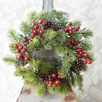 6" Opening Faux Red Berry and Pinecone Spruce Candle Ring