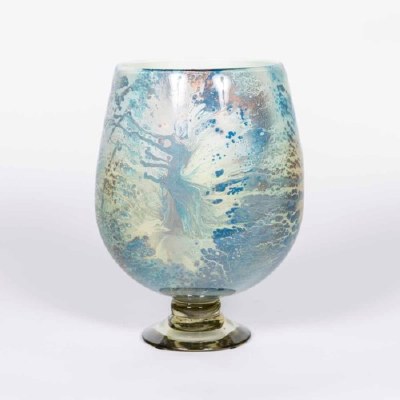 14" Blue and Beige Artisan Finish Glass Footed Urn
