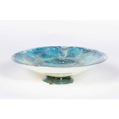 16" Round Blue and Beige Artisan Finish Glass Large Footed Bowl