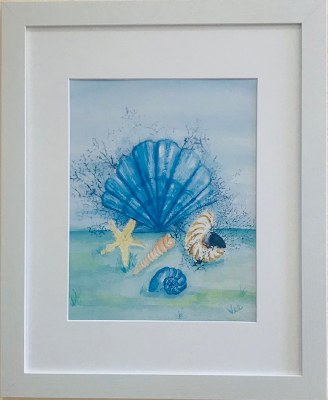 22" x 18" Blue Scallop Shell Sea Life White Framed Wall Art Under Glass