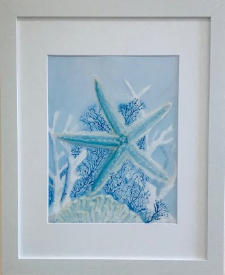 22" x 18" Blue Starfish and Coral White Framed Wall Art Under Glass