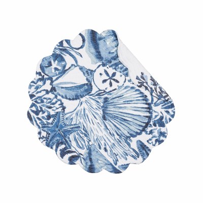 17" Round White and Blue Coast Shells Reversible Scallop Placemat