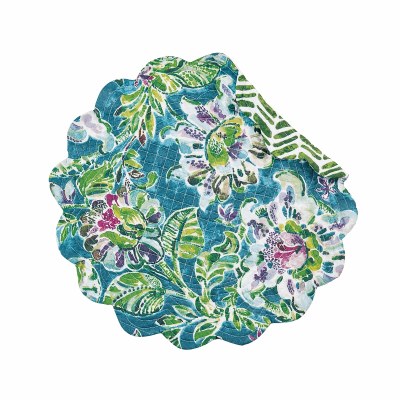 17" Round Purple, Green and Blue Tropical Garden Reversible Scallop Placemat