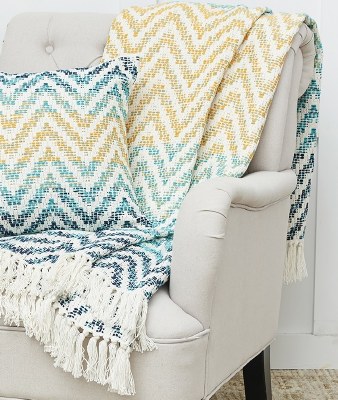 50" x 60" Blue and Yellow Chevron Throw With White Fringe