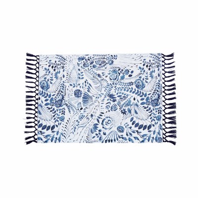 14" x 20" Navy and White Floral Pattern With Navy Fringe Placemat