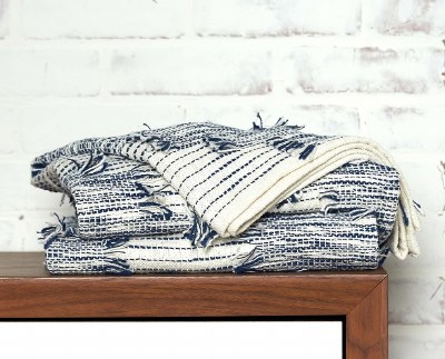 50" x 60" Navy and White Distressed Woven Cotton Throw