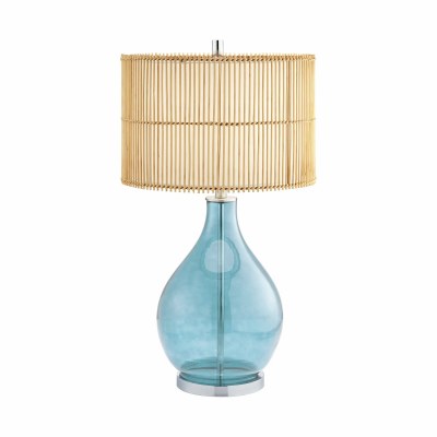 31" Blue Glass Lamp With Round Rattan Shade