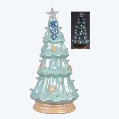 8" LED White Light Ceramic Coastal Christmas Tree With Sea Life Ornaments