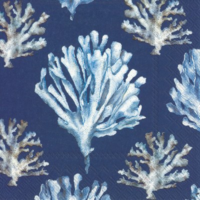 5" Square Light Blue Coral on Navy Beverage Napkin