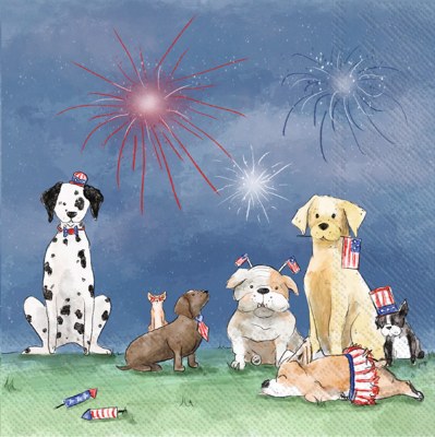 5" Square Patriotic Pups Fireworks Beverage Napkins