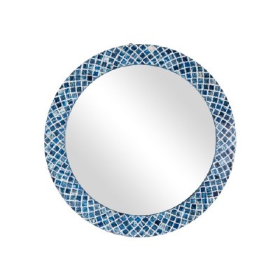 33" Round Blue Mosaic Diamond Pattern Bone Inlay Wall Mirror