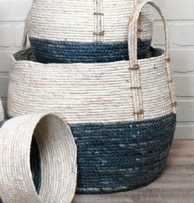 11" Blue and White Rope Basket With Handles