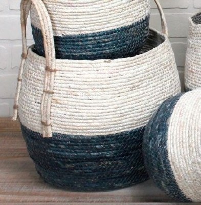 9" Blue and White Rope Basket With Handles