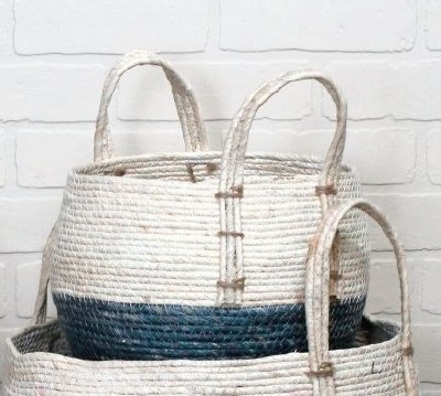 8" Blue and White Rope Basket With Handles