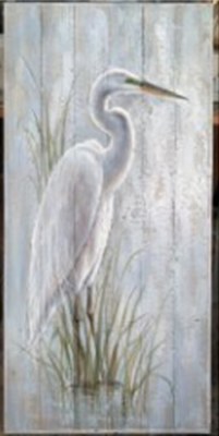 46" x 22" White Heron in Grass Slats Wall Plaque