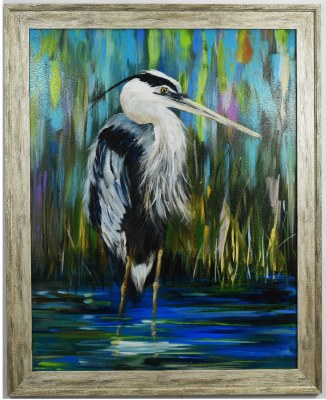 32" x 26" Blue Heron Facing Left on Gel Textured Coastal Print in Gray Frame