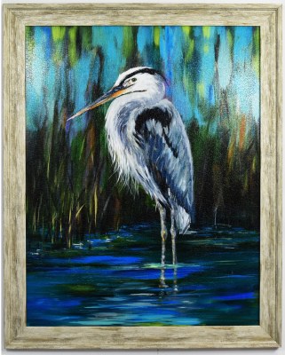 32" x 26" Blue Heron Facing Right on Gel Textured Coastal Print in Gray Frame