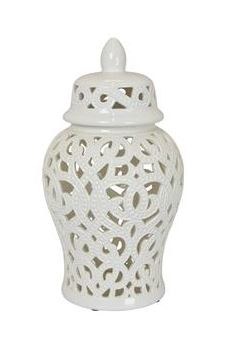 14" White Ceramic Openwork Jar and Lid