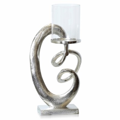 16" Oval Swirl Silver Metal Candleholder With Glass Hurricane