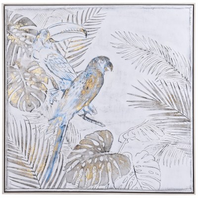 33" Square Blue and Gold Parrot Oil Painting Canvas With Natural Frame