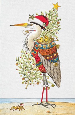 8.5" x 5.5" Box of 16 Heron With Christmas Tree Holiday Cards
