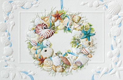 Box of 16 Coastal Wreath Holiday Christmas Cards size 8.5" x 5.5"